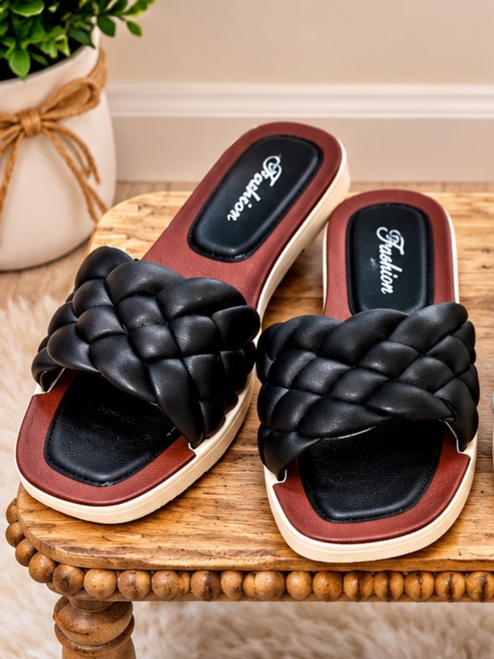Braided Slide Sandals — Black and White